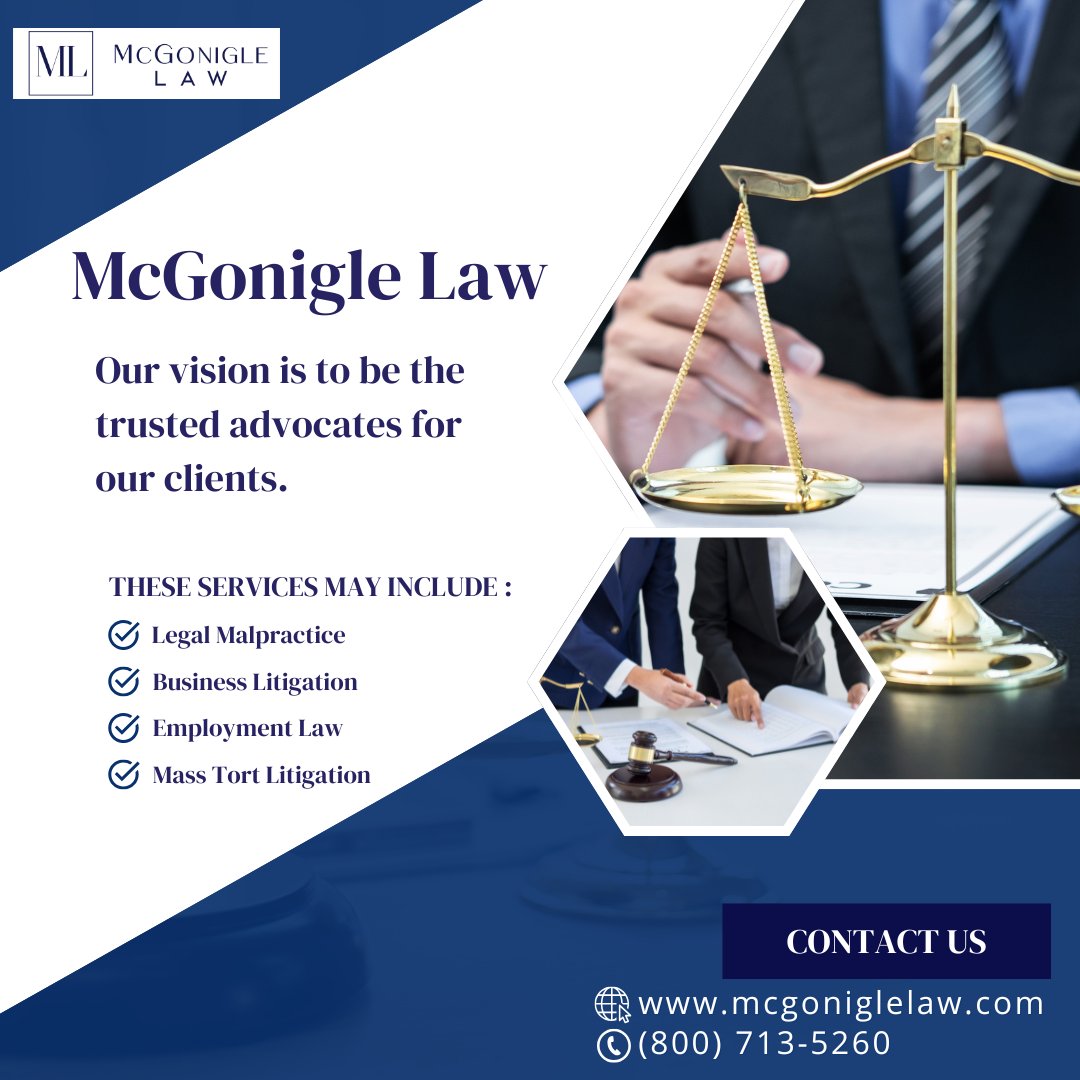 tmcgoniglelaw's tweet image. Legal malpractice. Business litigation. Employment law. Mass torts.
Strategic advocacy when it matters most.
Learn more: mcgoniglelaw.com
#LegalMalpractice #BusinessLitigation #EmploymentLaw #MassTort #McGonigleLaw
