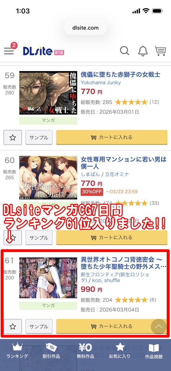 DLsite7日間マンガCGランキング61位入りました!🎉
あと24冊売れれば55位になります
応援よろしくお願いします!
(*'Д`)

DLsite
https://t.co/CCrnj6F62Z

#男の娘 #C107 #ad 