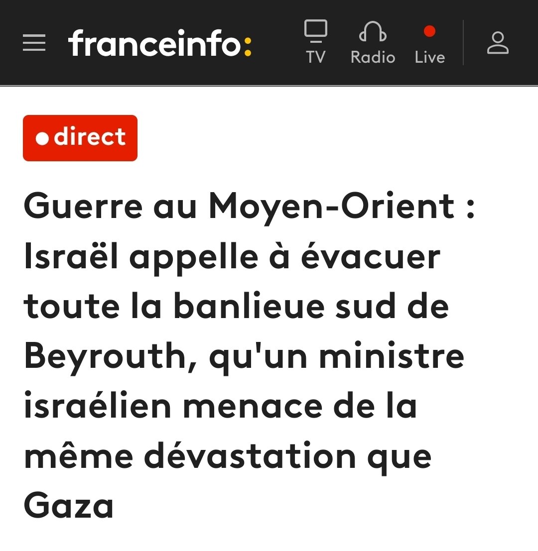 Israël « ordonne » l'évacuation du sud de Beyrouth qui abrite des centaines de milliers de Libanais, mais aussi des réfugiés palestiniens et syriens. La menace explicite? Faire au sud de Beyrouth ce qu'ils ont fait à Gaza. Voilà où mène l'impunité totale.

franceinfo.fr/monde/iran/gue…