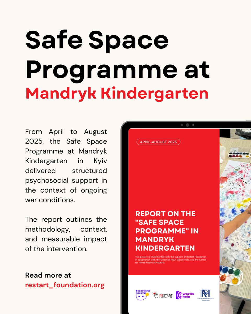 RestartCharity's tweet photo. The session starts.

The siren sounds.

Children move to safety.

Then they return and continue.

This is how mental health support is delivered in Ukraine today.

Read our Mandryk Kindergarten report:

https://t.co/cznczNPjo0

#Ukraine #MentalHealth #RestartFoundation https://t.co/uJhJTl9msu