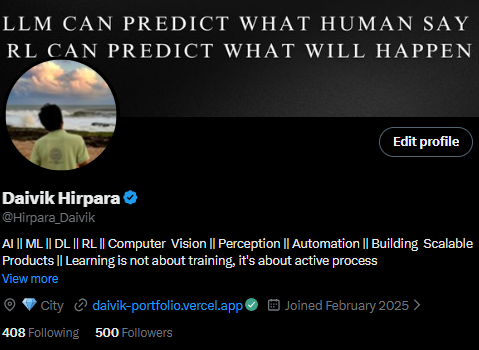 Hirpara_Daivik's tweet image. We are 500 Strong 🥹
Thank you every one...
Special  Thanks @Anaya_sharma876 @Anushka69532  @Dev_code_04  @shivemnn 
now let's go for 1000

if you are in tech let's connect
 #LetsConnect  #technology