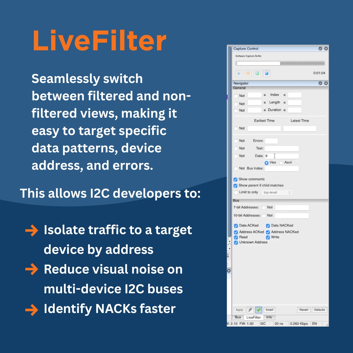When sniffing I2C traffic in Data Center Software, users can take advantage of advanced features that streamline debugging, including real-time capture and display and the ability to isolate and filter for specific packets of interest. Learn more: totalphase.com/protocols/i2c/