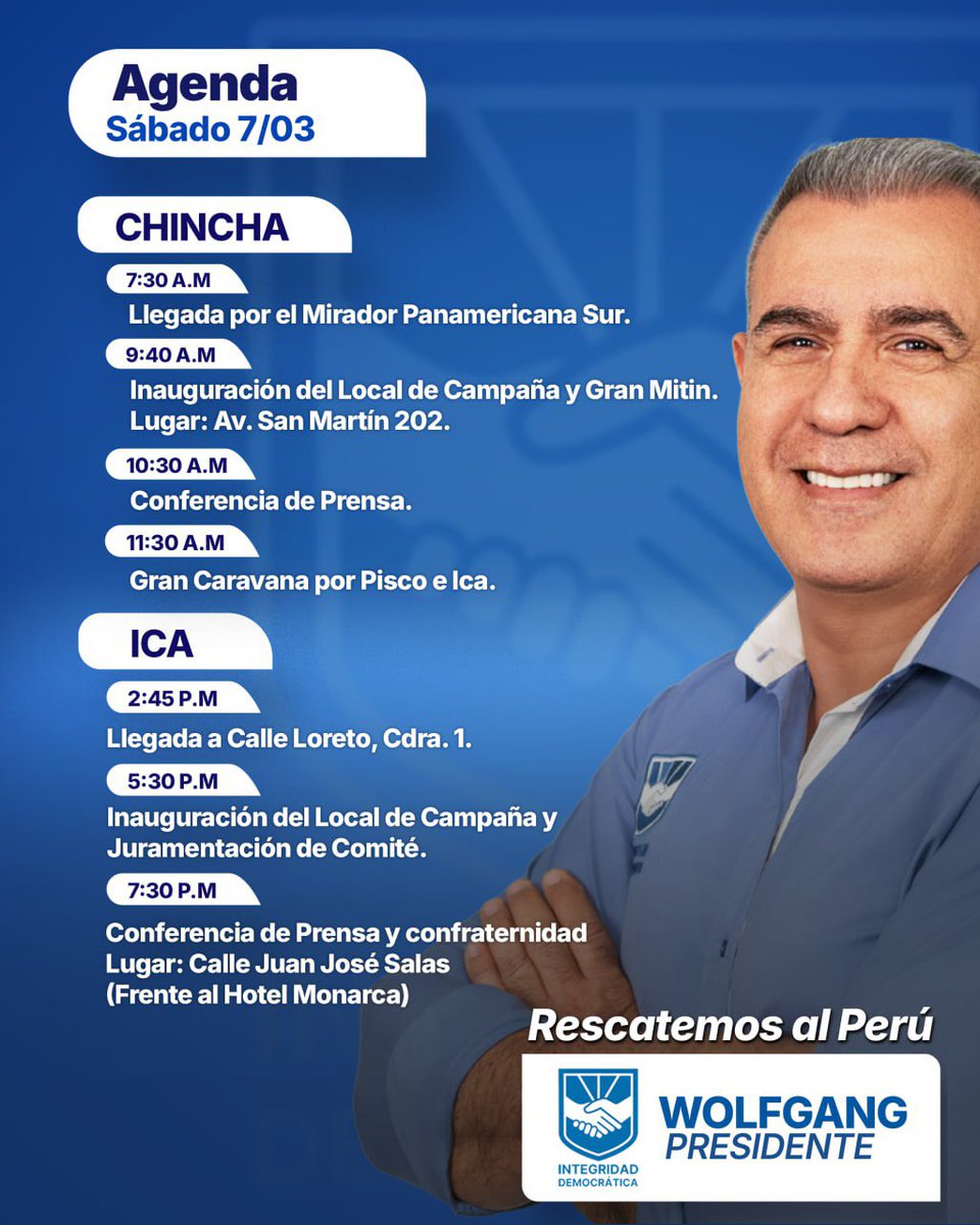 RescatemosPeru's tweet photo. ¡@WOLFANGROZO en Chincha e Ica!

La ola de Integridad Democrática sigue sumando a más peruanos. A todos los peruanos en Chincha e Ica, los esperamos para juntos rescatar al Perú del secuestro de las mafias¡Wolfgang presidente!Con mayoría de Integridad Democrática en el Congreso https://t.co/K8HxoBsxi5