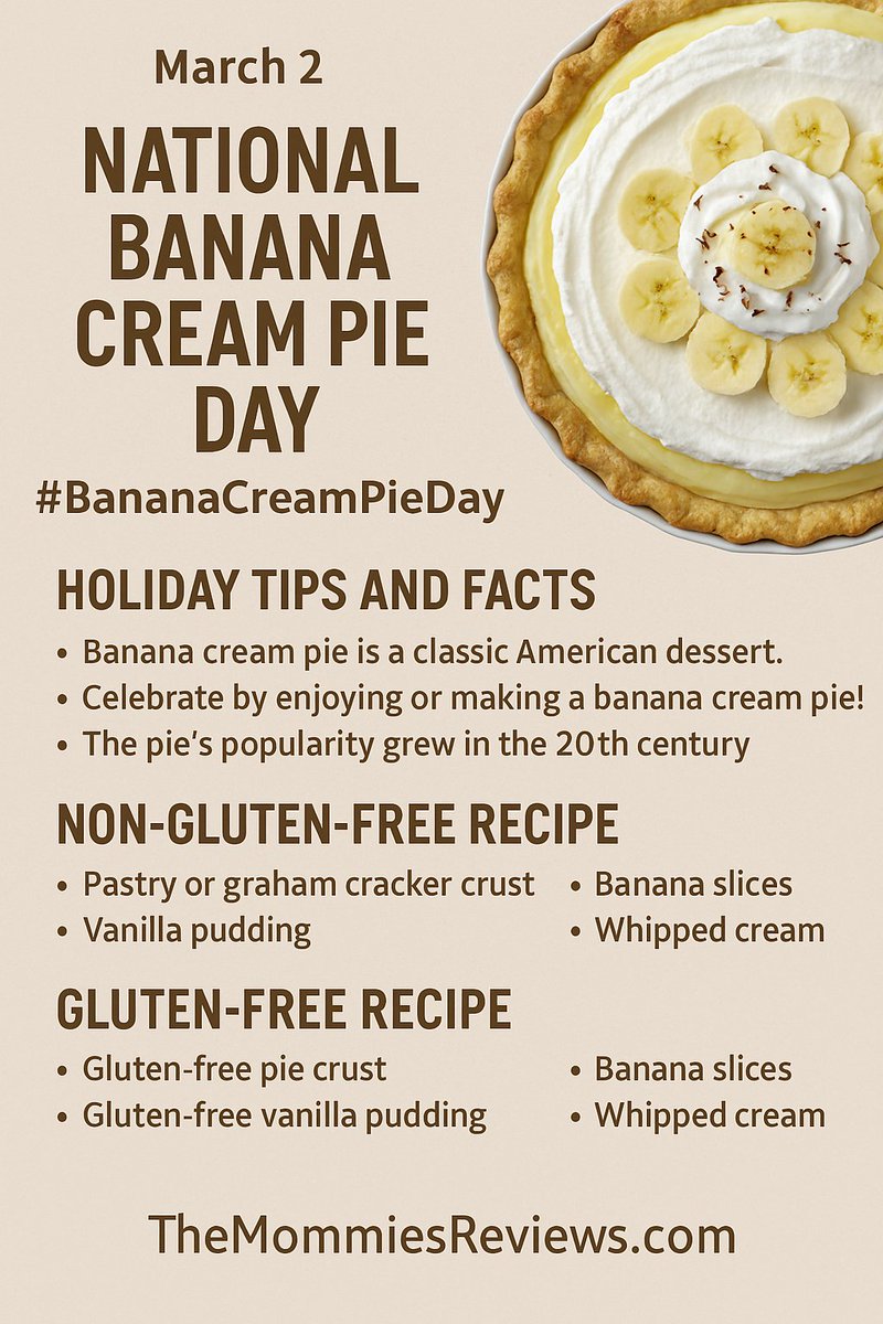 TheMommiesRevie's tweet image. Calling all #Pie Lovers: 

National Banana Cream Pie Day (March 2)

themommiesreviews.com/national-banan…

On days like this I sure miss my mom.

Debbie Finney Sutton David Cates a #holiday for you.