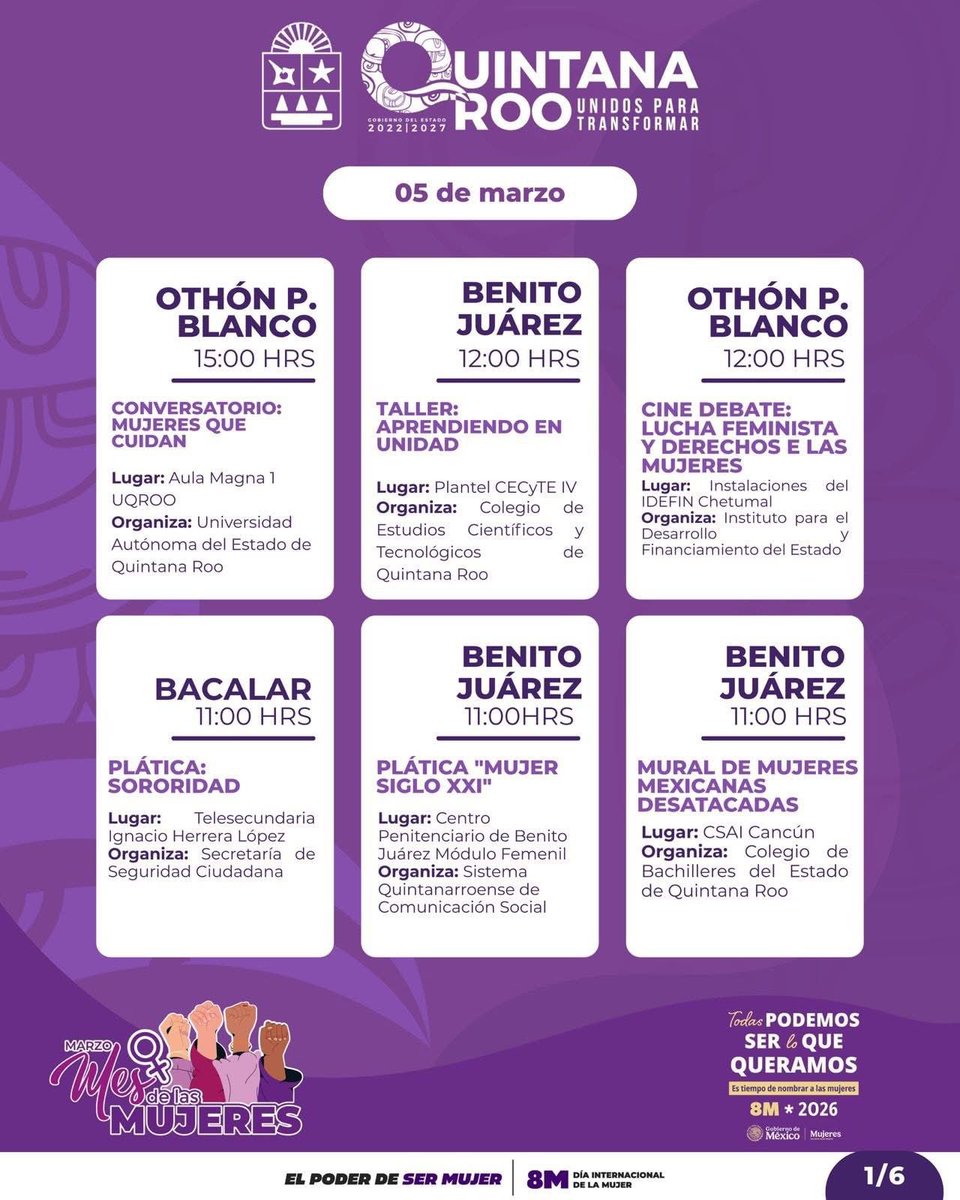 💜 05 de marzo Mes de las Mujeres, continúa llenando Quintana Roo, de espacios para aprender, compartir y fortalecernos juntas. Encuentra en tu municipio pláticas, talleres y actividades creadas para ti.

✨ Es tu momento de participar.
📲 Revisa la cartelera en: