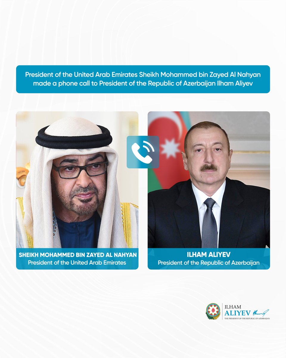 presidentaz's tweet photo. President of the United Arab Emirates Sheikh Mohammed bin Zayed Al Nahyan made a phone call to President of the Republic of Azerbaijan Ilham Aliyev.

https://t.co/lFDPQuJ7Jr https://t.co/D12wC1mkOo