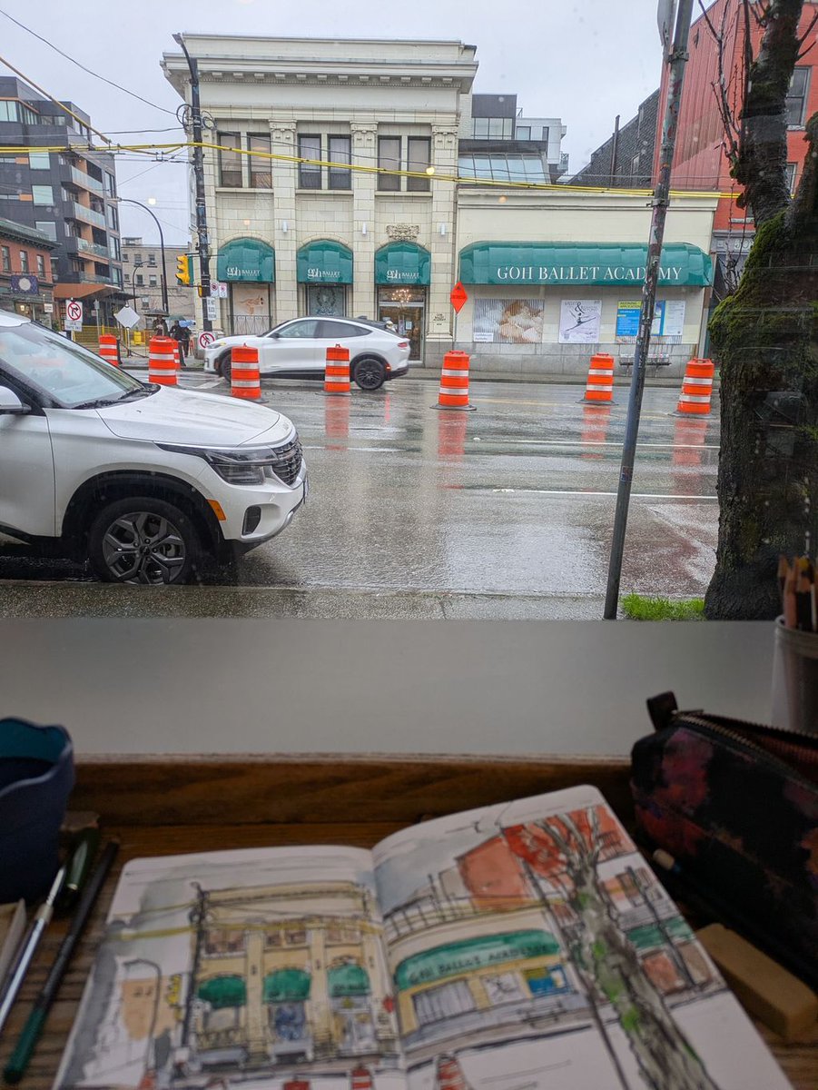devinakirloskar's tweet photo. Lovely meetup hosted by @mkcharls for @usk.vancouver. It was rainy day and the best view to sketch was from the Gene Coffee bar. Looking outside was the Goh Ballet Academy  @gohballet which is an old ballet school. 

#vanvouverurbansketchers #uskvancouver https://t.co/DS7iSHVJMi