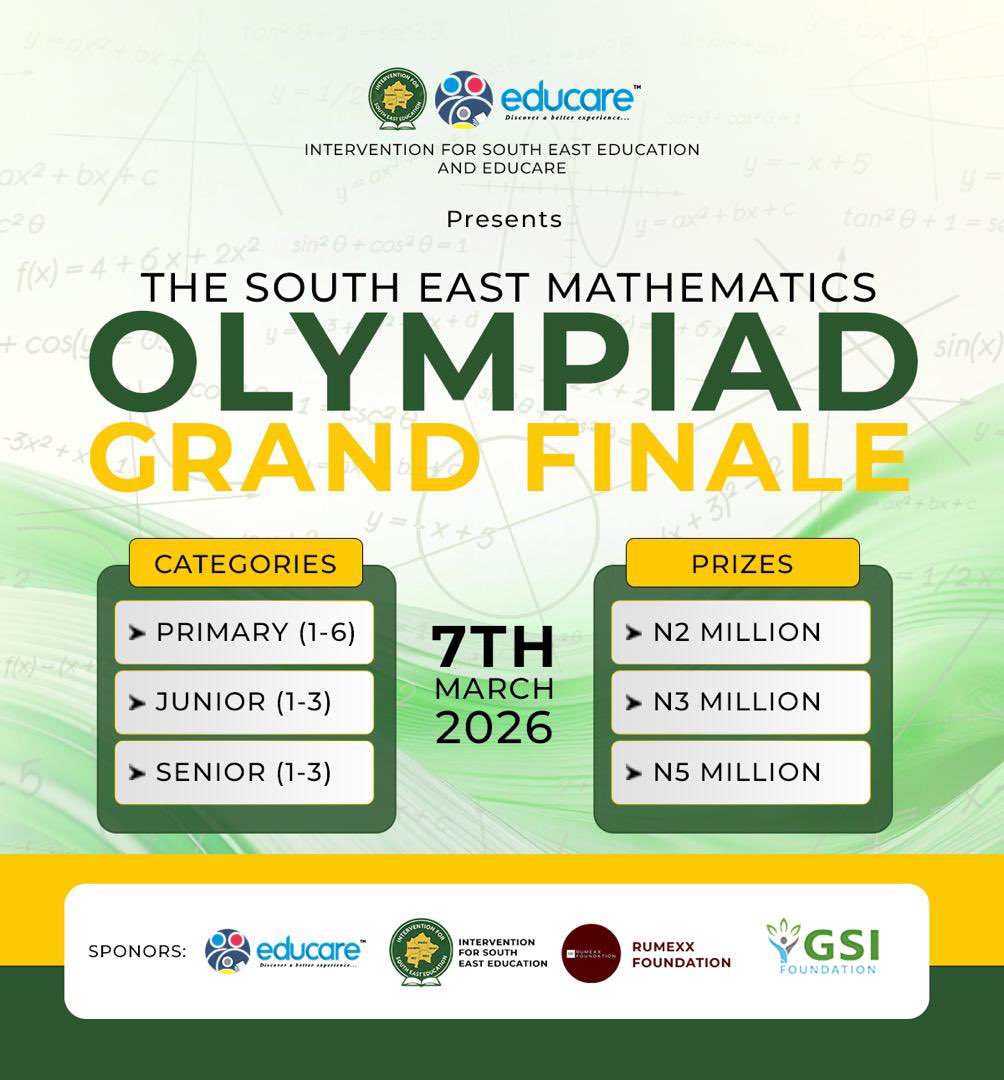 VoiceOfTheEast's tweet photo. Up to ₦5 MILLION on the line.
The Southeast Mathematics Olympiad Grand Finale holds on March 7 in Enugu, live on Afia TV.

From Primary to Senior Secondary, excellence is being rewarded.

Education is not talk in the East. It’s action.

Sponsored by: GSI Foundation, Rumexx Foundation, Educare, and Intervention for South East Education.