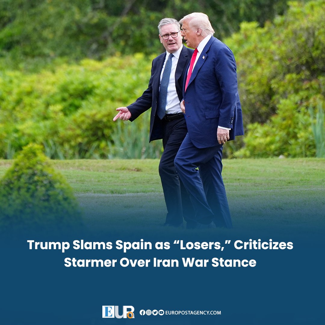 EuroPostAgency's tweet image. Trump Says Starmer “Is Not Winston Churchill,” Attacks Spain’s NATO Role

Donald Trump criticizes Spain and expresses disappointment with UK Prime Minister Keir Starmer amid tensions over U.S. access to British bases during the Iran conflict. 
#EuroPost