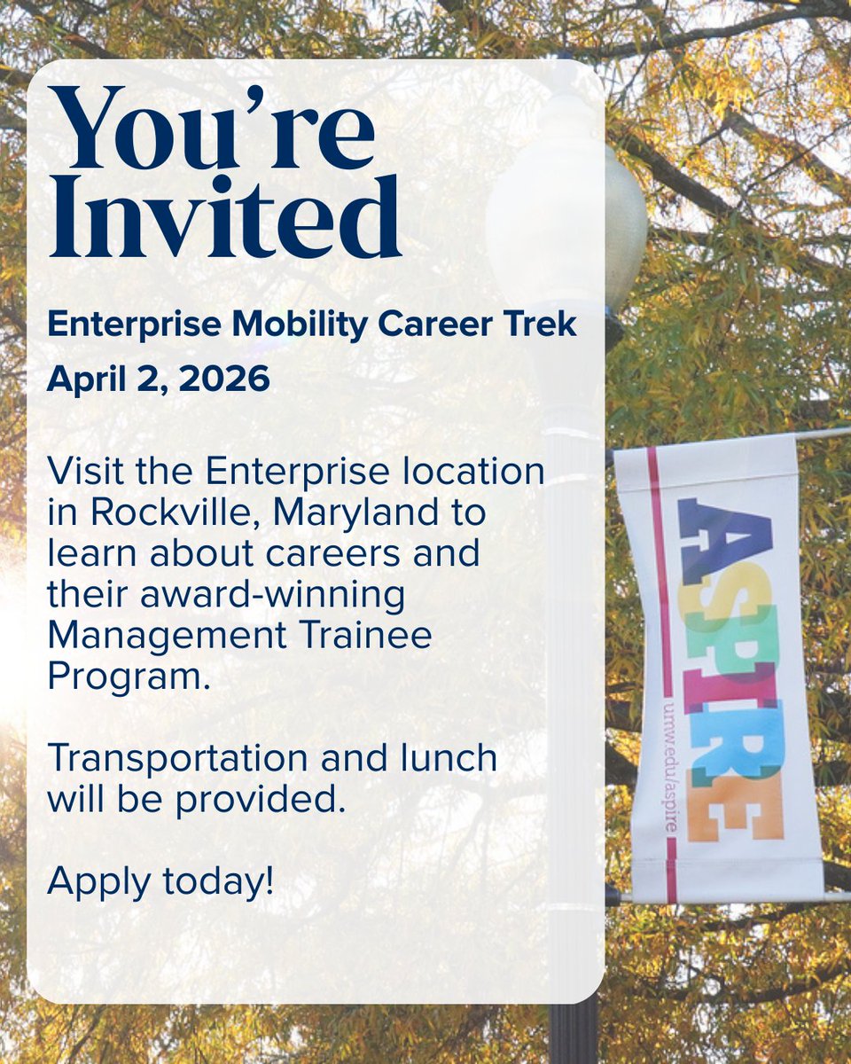 UMW_CCPD's tweet photo. Students who are chosen to attend will leave campus on the morning of April 2nd via bus and return that afternoon.  Enterprise's Management Trainee program is an acclaimed opportunity that many UMW alums have taken part in. Apply here: https://t.co/R6x56mE9DX https://t.co/cP9iH11LXg