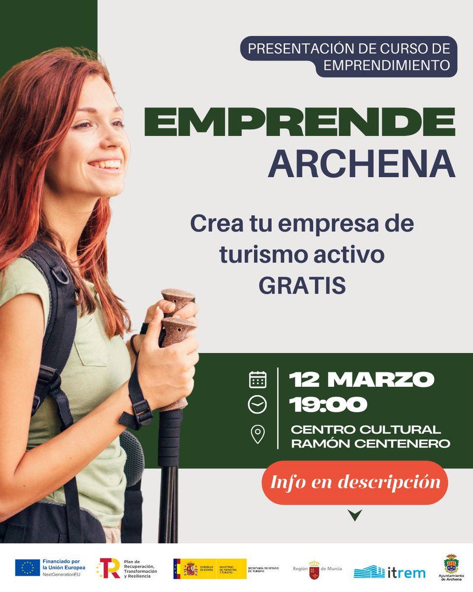 ¿Te imaginas crear tu propia empresa de turismo activo, naturaleza, salud o bienestar en Archena… con un equipo que te acompaña desde la idea hasta la puesta en marcha?
El próximo 12 de marzo a las 19h celebramos la Jornada de Presentación de “Emprende Archena”, el nuevo