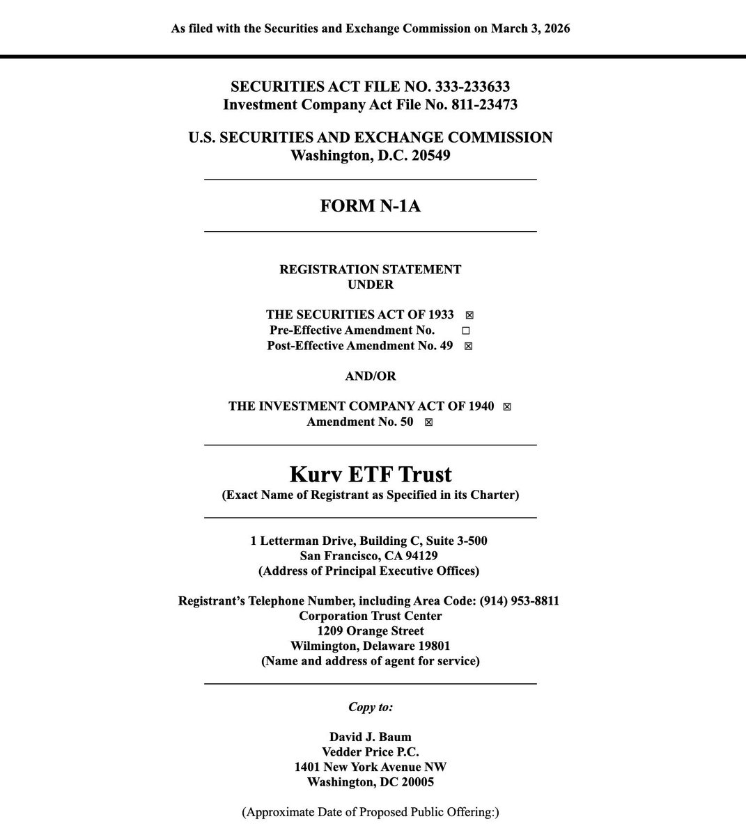 amonyx's tweet photo. NEW: SEC Filing Lists Kurv $XRP Enhanced Income ETF, With Effectiveness Date Set for March 11, 2026. https://t.co/iuX5BDZZr0
