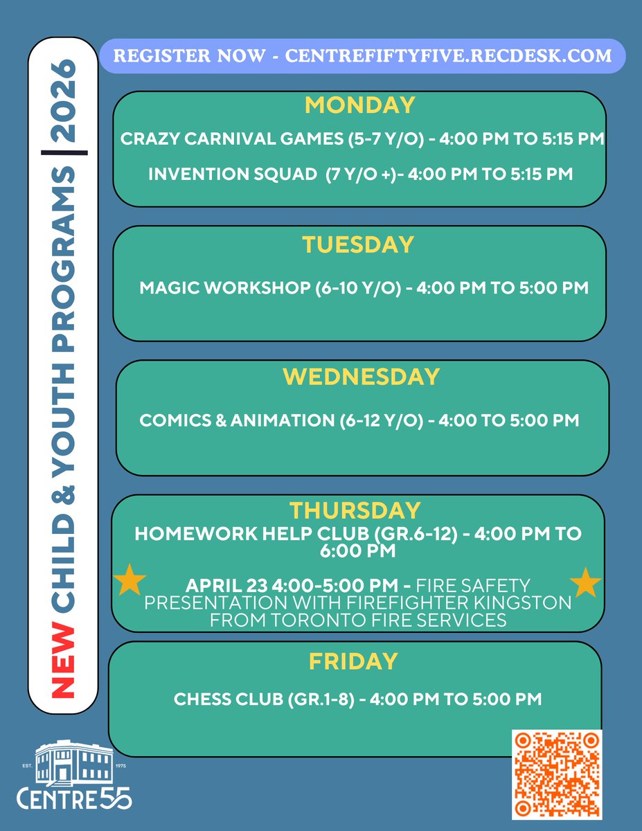 Centre55's tweet photo. Registration is now open for our Spring (April-June) programs! Come join us for after-school fun - explore, learn, and connect with new friends!
All located at 97 Main St.
Visit: https://t.co/HZHXqlq9f5 to register now!
#centre55 #childrensprograms #afterschool #torontokids https://t.co/D1z4H2zMmx