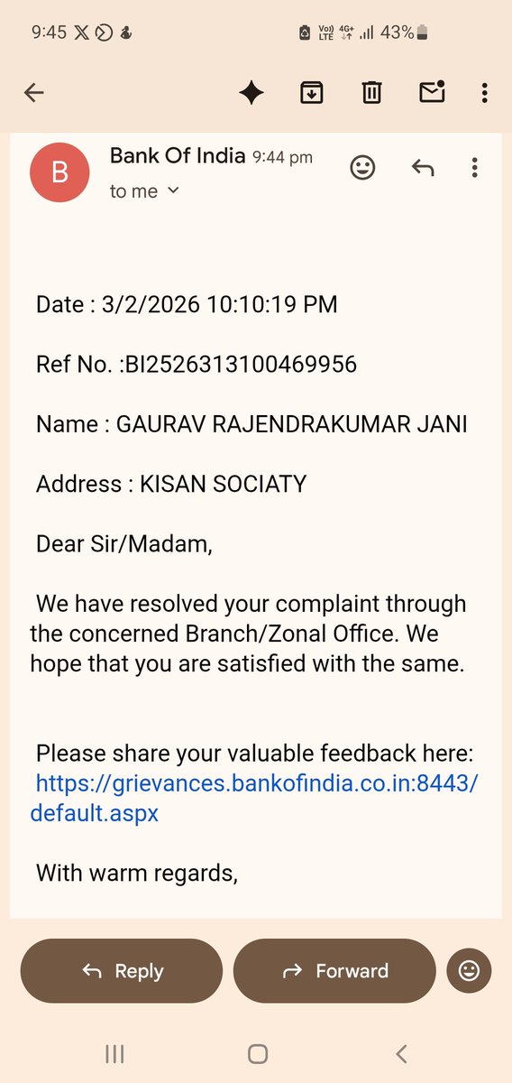 traders_express's tweet photo. @BankofIndia @RBI બેંક ઓફ ઇન્ડિયાનો નવો ફ્રોડ! મારી ₹2950 ની ખોટી કપાતની ફરિયાદનો કોઈ ઉકેલ લાવ્યા નથી, કોઈ ફોન નથી કર્યો અને સીધો ઈમેલ મોકલી દીધો કે "કમ્પ્લેન સોલ્વ થઈ ગઈ છે"! ગ્રાહકને પૂછ્યા વગર ફરિયાદ ક્લોઝ કેમ કરી? આ સીધું RBI ના નિયમોનું ઉલ્લંઘન છે. તાત્કાલિક જવાબ આપો. https://t.co/Wzta66biCO