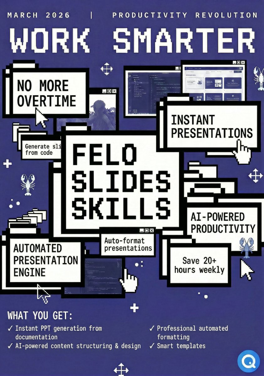 felo_ai_en's tweet photo. Your Morning PPT? Done before your first sip of coffee. ☕️

What is Felo Skills & CLI?
By combining our new Command Line Interface with custom AI Skills, we’ve bridged the gap between raw data and professional slides. From an AI Newsletter to a Consulting Deck, or a GitHub Repo to a Morning Meeting—it’s now a one-command job.

🛠 Quick Setup:
Install CLI: npm install -g felo-ai
Add Search: npx skills add Felo-Inc/felo-skills --skill felo-search
Add Slides: npx skills add Felo-Inc/felo-skills --skill felo-slides

Felo-Skills
https://t.co/V16y0s8NMe
Felo-CLI
https://t.co/82ERY1eKL9

#ClaudeCode #OpenClaw #AIPPT