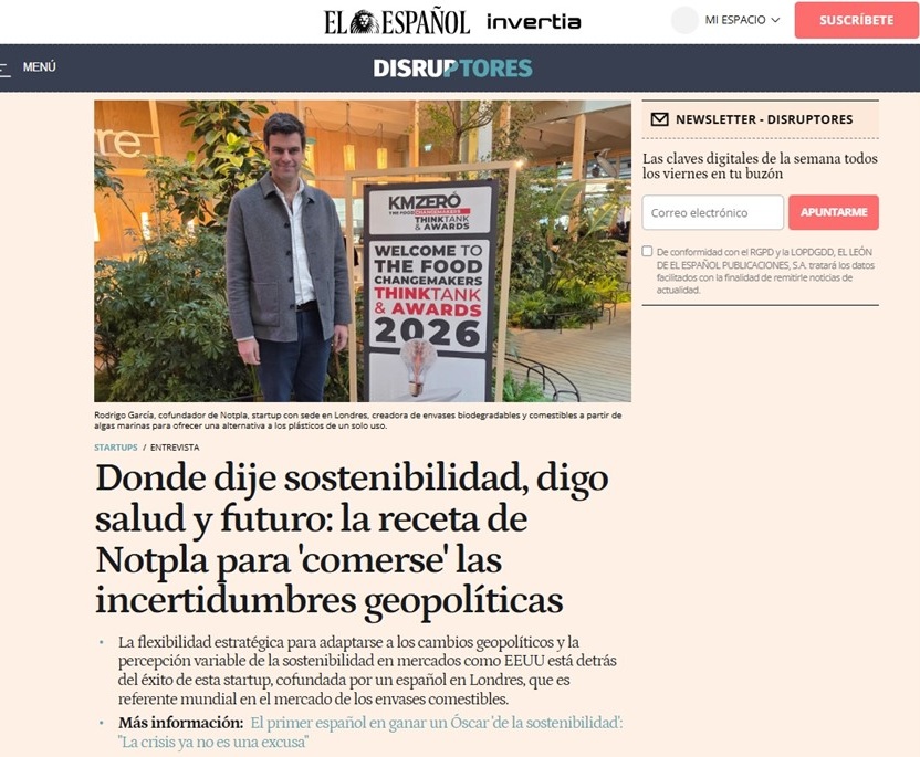 beazmi's tweet image. Emprender un proyecto innovador relacionado con la #sostenibilidad está reservado sólo a los valientes.

#Notpla, cofundada por Rodrigo García, es la prueba de ello y un líder global #foodtech.

Gracias por conceder esta #entrevista a @disruptoresee 👇

elespanol.com/invertia/disru…