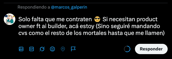 Me arrepentí y no lo mandé. Por ende, si alguna startup tiene ganas de sumarme, extraño tener un equipo. Mientras sigo buildeando en mi kryptocueva.
