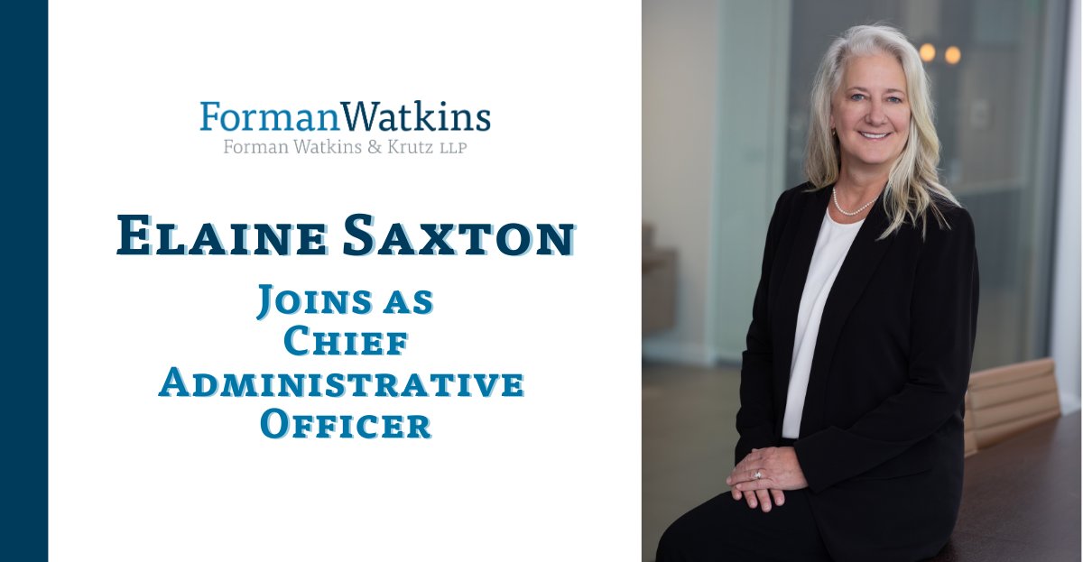 FormanWatkins's tweet photo. We’re pleased to welcome Elaine Saxton as Chief Administrative Officer at FormanWatkins!

She brings more than 25 years of experience and strategic insight to the Firm’s administrative and financial operations.

Read more: https://t.co/PDgKiuSh5h https://t.co/sCwM6z4zJp