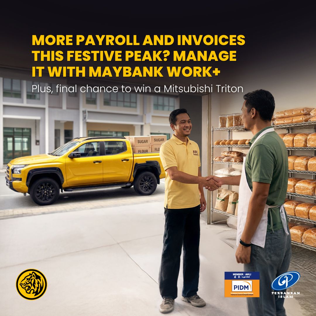 MyMaybank's tweet photo. This festive season, handle payroll &amp; invoices with Maybank Work+. Every transaction brings you closer to winning a Mitsubishi Triton &amp; cash prizes. This is your last chance before the campaign ends 31 March 2026. #MaybankSME Info at: https://t.co/OQvMxtZ19M https://t.co/Y39VgDH1dz