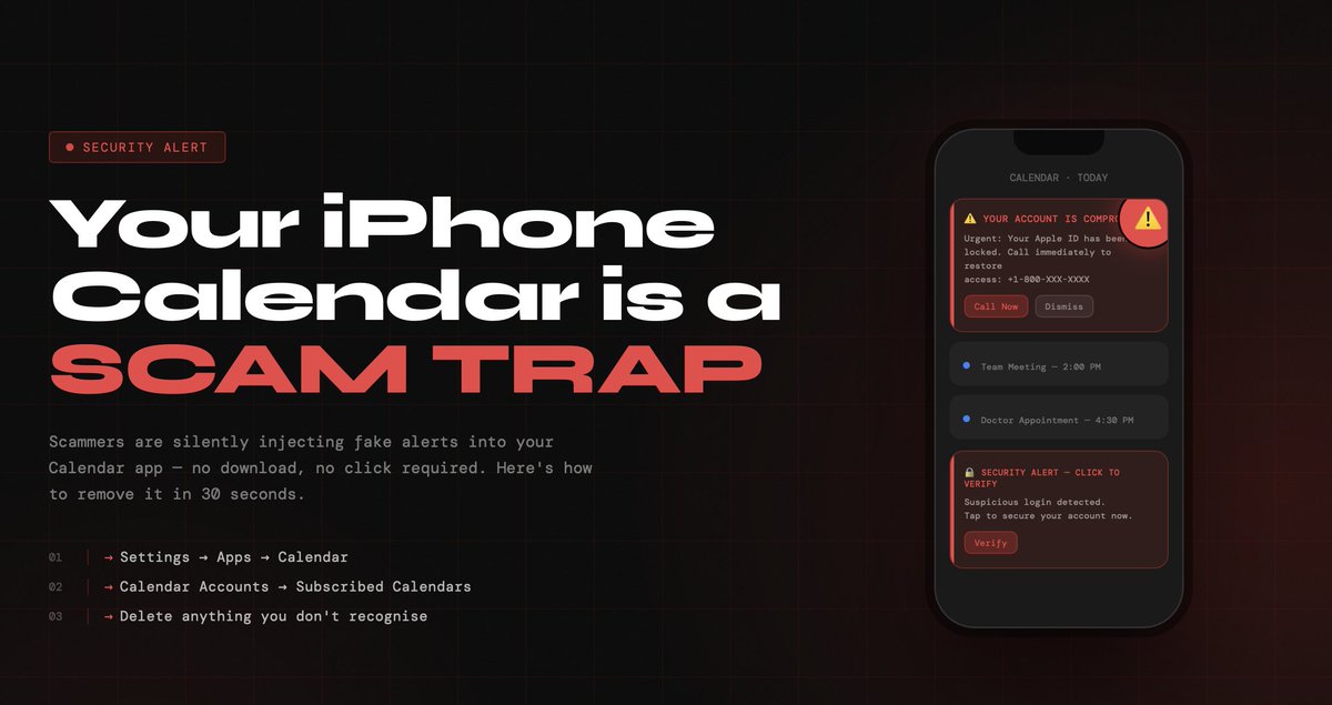 GodParticleFR's tweet photo. 🚨 If you have an iPhone, check your calendar RIGHT NOW.
Millions of people have been hit by a scam most don't even know exists — and it lives silently in your calendar app.
Here's what it is and how to remove it 🧵👇 https://t.co/KsXEh6KPcn