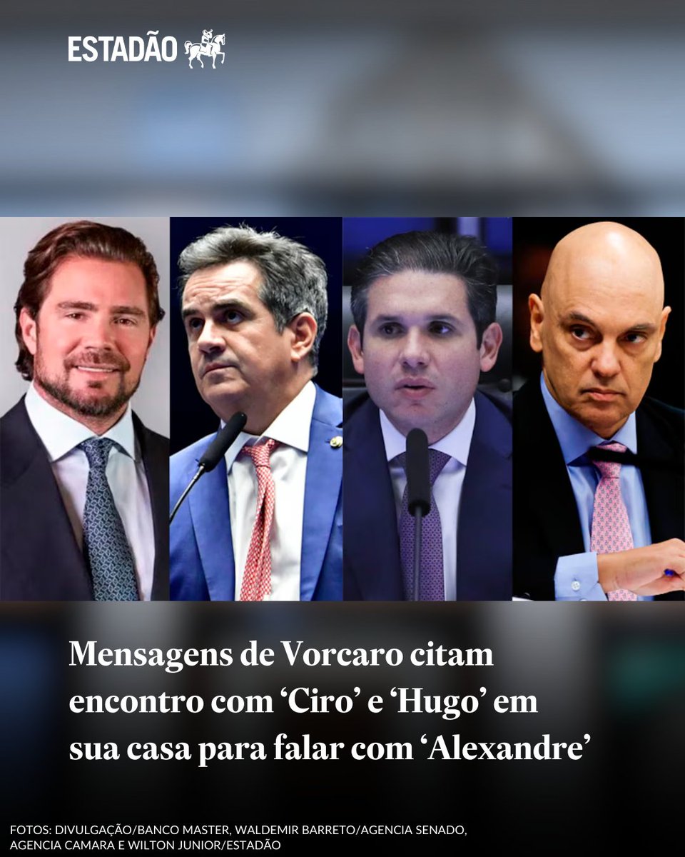 ><a href="/fausto_macedo/">Fausto Macedo</a>: Mensagens de Vorcaro citam encontro com ‘Ciro’ e ‘Hugo’ em sua casa para falar com ‘Alexandre’ → x.gd/WUhx6

Hugo Motta e demais citados não se manifestaram