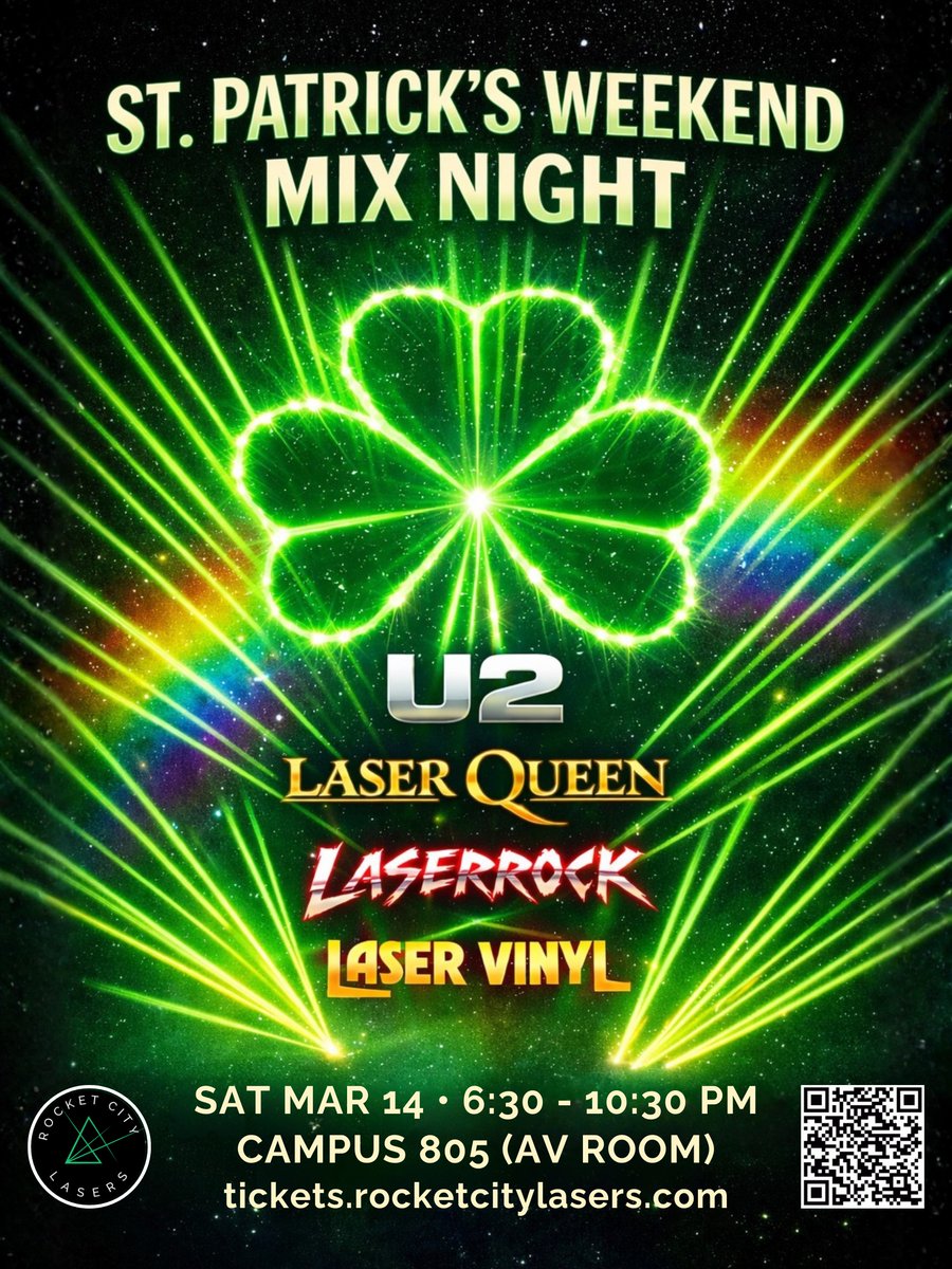 RocketCityLaser's tweet photo. Ready to celebrate St. Patrick’s weekend (with LASERS)? 🍀 $10 wristband/come and go as you please. Grab dinner or drinks at one of the restaurants, brew pubs, and bars before, after, or in between sets.
6:30pm — U2
7:30pm — Laser Queen
8:30pm — Laser Rock
9:30pm — Laser Vinyl https://t.co/Q5M91BTiZV