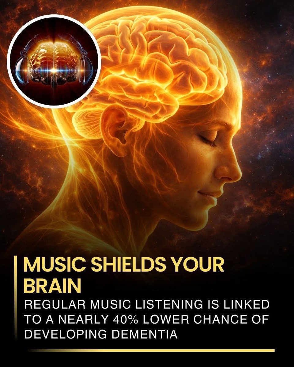 ShiningScience's tweet photo. 🎧 The Surprising Brain Shield Hidden in Your Favorite Songs

What if one of the simplest habits in your daily life could quietly protect your brain? Scientists are discovering something fascinating: people who listen to music regularly may have up to 40% lower risk of developing dementia. Yes, something as simple as pressing play on your favorite song might be doing much more than entertaining you—it could actually be helping your brain stay healthy.

When music starts playing, your brain doesn’t just “hear” it. Multiple regions suddenly light up at the same time. Areas responsible for memory, attention, emotions, and learning begin working together. This powerful stimulation strengthens neural pathways and encourages neural plasticity, the brain’s ability to form new connections and adapt over time. In simple words, music keeps your brain active, flexible, and engaged.

But the benefits don’t stop there. Music also reduces stress, lifts mood, and activates memory centers that are often affected in dementia. That is why certain songs can instantly take you back to a moment from years ago. This constant mental stimulation helps reinforce the brain networks that keep our thinking sharp as we age.

The most amazing part? You don’t need hours of listening. Even a few minutes of your favorite music every day can gradually support better brain health and emotional well-being. Whether you love classical melodies, relaxing jazz, energetic pop, or nostalgic old songs, your personal playlist might be quietly acting as a daily workout for your mind.

Scientists are increasingly realizing that enjoyable habits like music could become an important part of protecting our brains in the long run. So the next time you put on your headphones or play a song in the background, remember—you might not just be enjoying music.

You might be strengthening your brain for the future. 🧠🎶