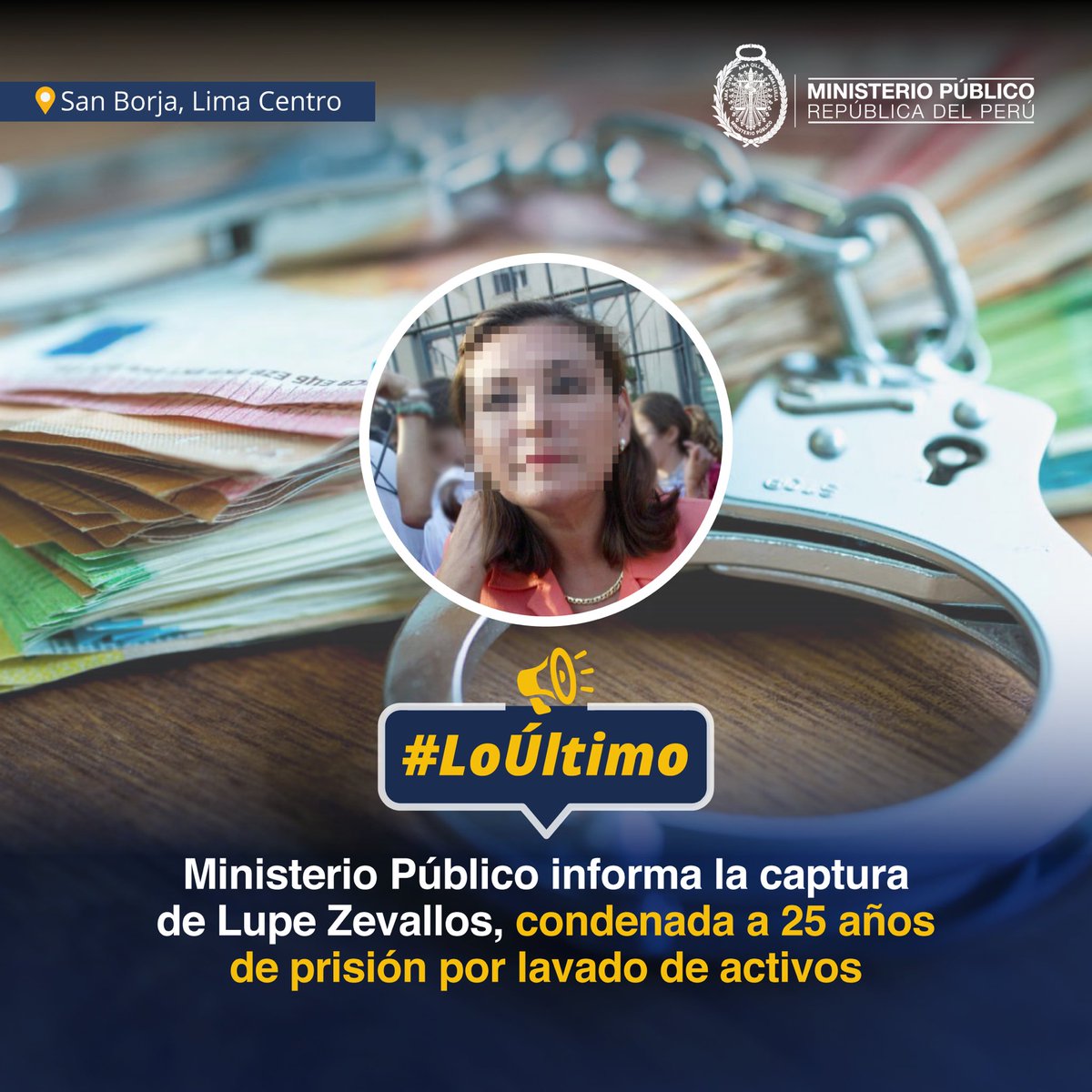 🚨 #LoÚltimo | Coordinación Nacional de las Fiscalías Especializadas en Criminalidad Organizada informa que Lupe Zevallos, sentenciada por lavado de activos, ha sido capturada en el distrito de San Borja para cumplir su condena por 25 años en un establecimiento penitenciario del