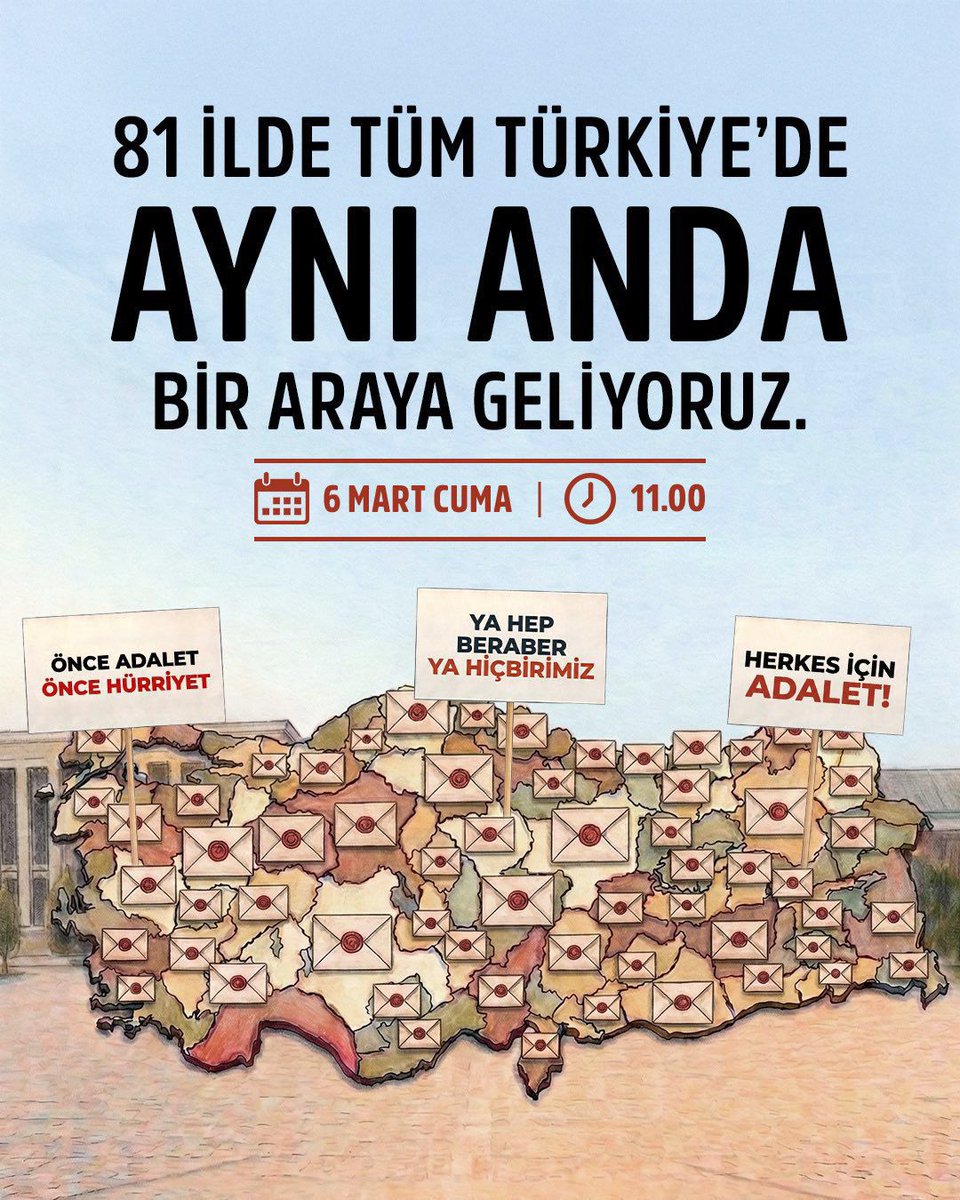 İsimlerimiz farklı olsa da mücadelemiz ortak. Aynı gökyüzü altında, hak, hukuk, adalet için bir araya geliyoruz. Saraçhane’den yükselen sesimiz dalga dalga yayılıyor. Bu kez sadece bir meydanda değil, 81 ilde tüm Türkiye’de aynı anda bir araya geliyoruz.
📍 Saraçhane Parkı