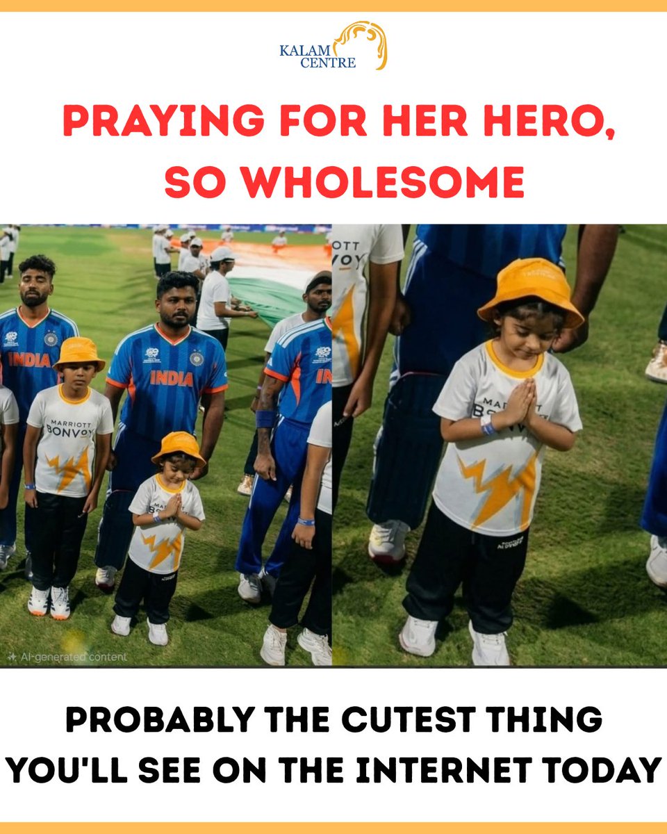 KalamCenter's tweet photo. A beautiful little girl was playing innocently right in front of Sanju Samson while the National Anthem echoed through the stadium — and the moment was simply heart-melting. 🇮🇳✨

As thousands of people stood still with respect, heads held high for the anthem, the little child was in her own world — running around, smiling, and enjoying the moment with pure innocence. She didn’t understand the pressure of the big stage, the intensity of the crowd, or the magnitude of the occasion. She was just being a child — carefree and full of joy.

And just a few steps away stood Sanju Samson, wearing the Indian jersey, carrying the pride of a billion hearts. In that single frame, two beautiful worlds met — one filled with responsibility, patriotism, and the weight of representing a nation, and the other filled with innocence, freedom, and the simple happiness of childhood.

It was one of those rare, unscripted moments that sports gift us — moments that go beyond runs, wickets, and scoreboards. A moment that quietly reminds us that behind the noise of competition, life still holds small pockets of purity and joy.

These are the scenes that truly stay in our hearts. Not just the sixes or the match-winning performances, but these gentle glimpses of humanity that unfold naturally on the field.

Sometimes, the most unforgettable moments in sports are the ones that simply make you smile. ❤️

#SanjuSamson #IndianCricket #CricketMoments #Wholesome #T20WorldCup #TeamIndia #CricketLove #PureMoments