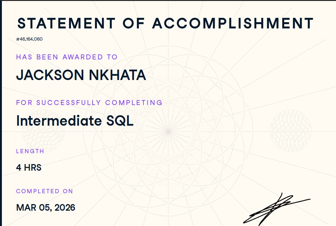 jacksonnkhata's tweet photo. Day 25 of my 30 days of data challenge with DCA
Completed Intermediate SQL
Analysis#30DaysOfDataChallenge #DCDonates #DatafestAfrica #DCA
@DataCampDonates
@DataFestAfrica https://t.co/I0OMQu2krS