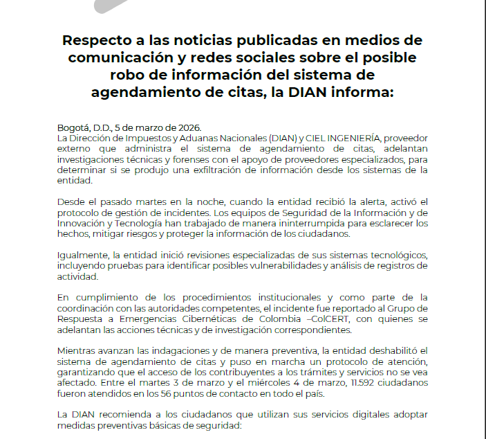 #Atento I La Dian se refirió al presunto hackeo y robo de información que se conoció esta semana. La autoridad no descartó los hechos y dijo que, desde el pasado martes en la noche, cuando la entidad recibió la alerta, activó el protocolo de gestión de incidentes