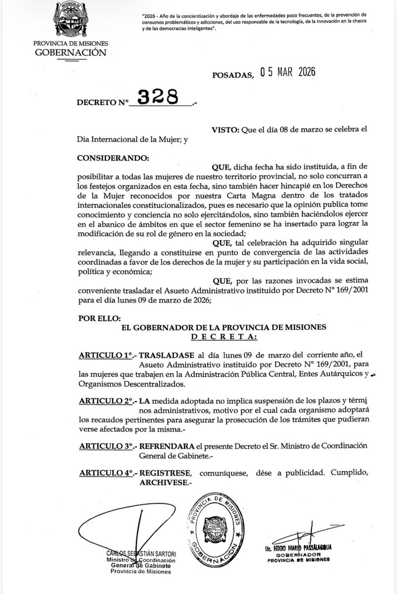 Por decreto N° 328 , acabo de disponer el traslado al día lunes 09 de marzo, del asueto administrativo instituido por Decreto N° 169/2001, para las mujeres que trabajen en la Administración Pública Central, Entes Autárquicos y Organismos Descentralizados.