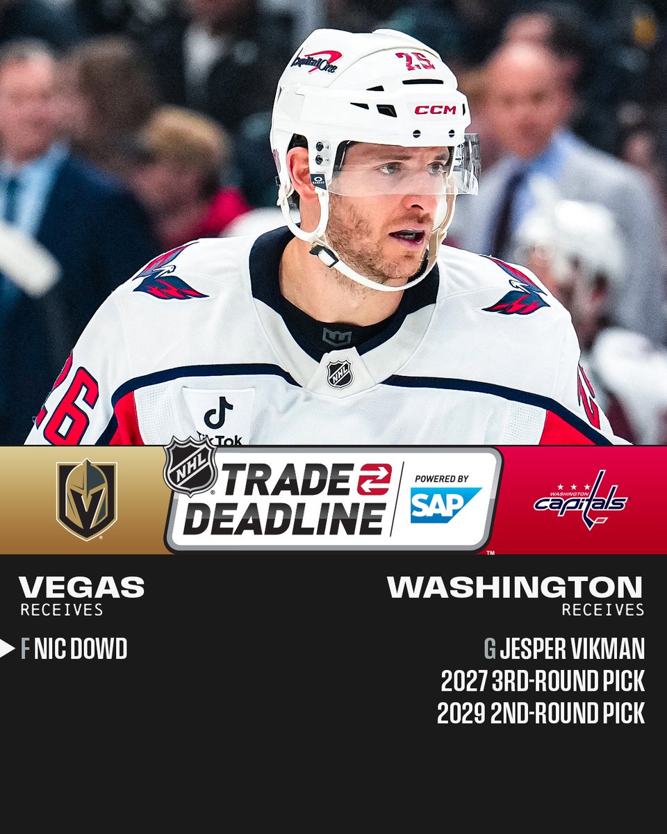 NHL's tweet image. ANOTHER TRADE 🔁 #NHLTradeDeadline 

Nic Dowd is heading to the @GoldenKnights!

Powered by @SAP