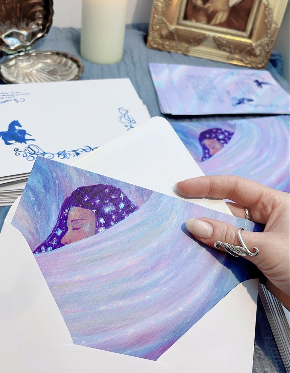 erinkatearcher's tweet photo. february snail mail went out today 🦪 including pearl-grey envelope with pegasus &amp; foliage sketched in ink, letter including the poem that inspired the piece (with other ink drawings), &amp; hand-painted duo chrome embellishments on each "brush the stars from your hair" print  ݁₊ ⊹ https://t.co/Q1RcbZJUAk