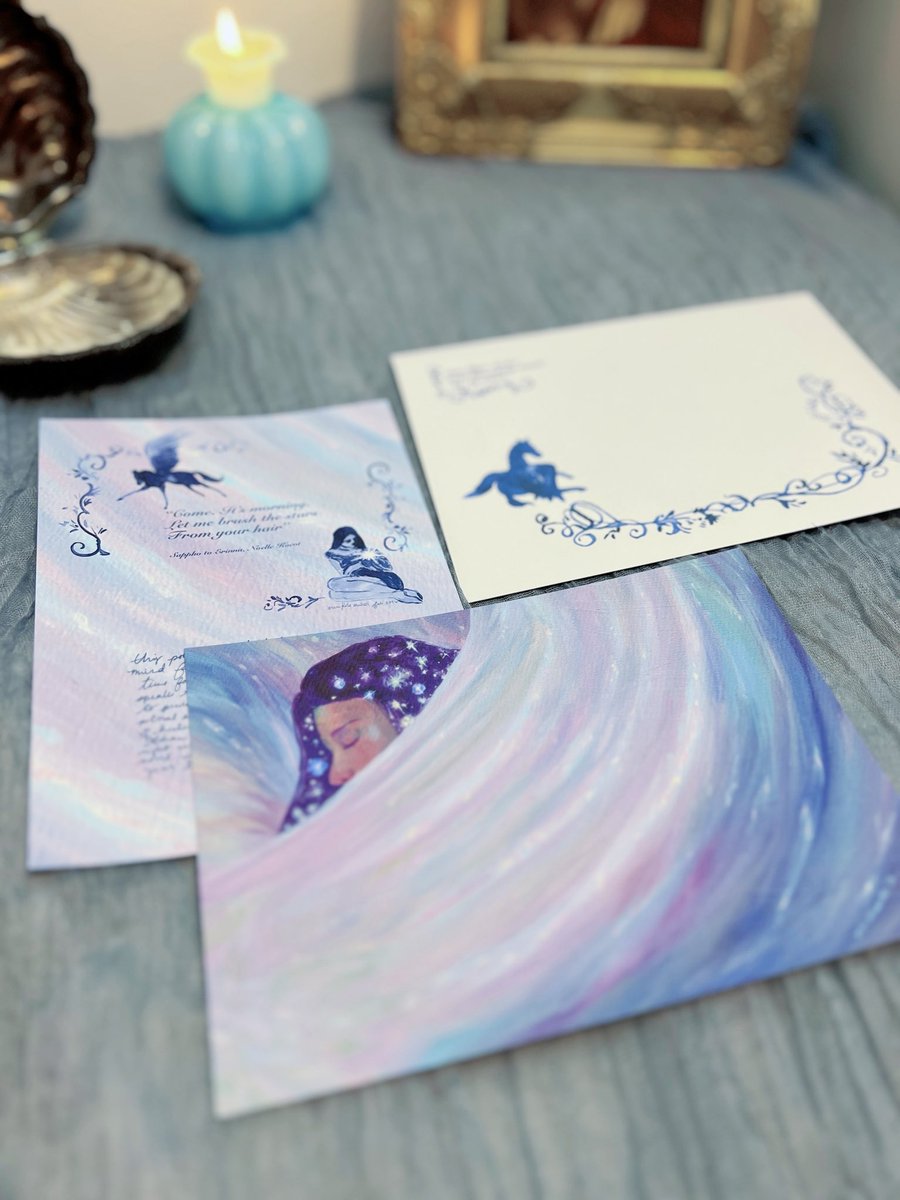 erinkatearcher's tweet photo. february snail mail went out today 🦪 including pearl-grey envelope with pegasus &amp; foliage sketched in ink, letter including the poem that inspired the piece (with other ink drawings), &amp; hand-painted duo chrome embellishments on each "brush the stars from your hair" print  ݁₊ ⊹ https://t.co/Q1RcbZJUAk