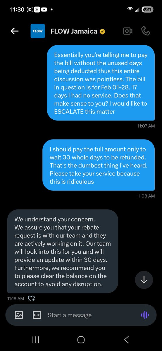 MzAnaB's tweet photo. @FLOWJamaica customer service is telling me to pay for the unused days then I will be rebated!! @TheOURja I need your help here. I was without service Feb 2-19. I'm being billed for the period Feb 01-28 and now being threatened with disruption if I don't pay the full bill https://t.co/XlE6SdYNpH