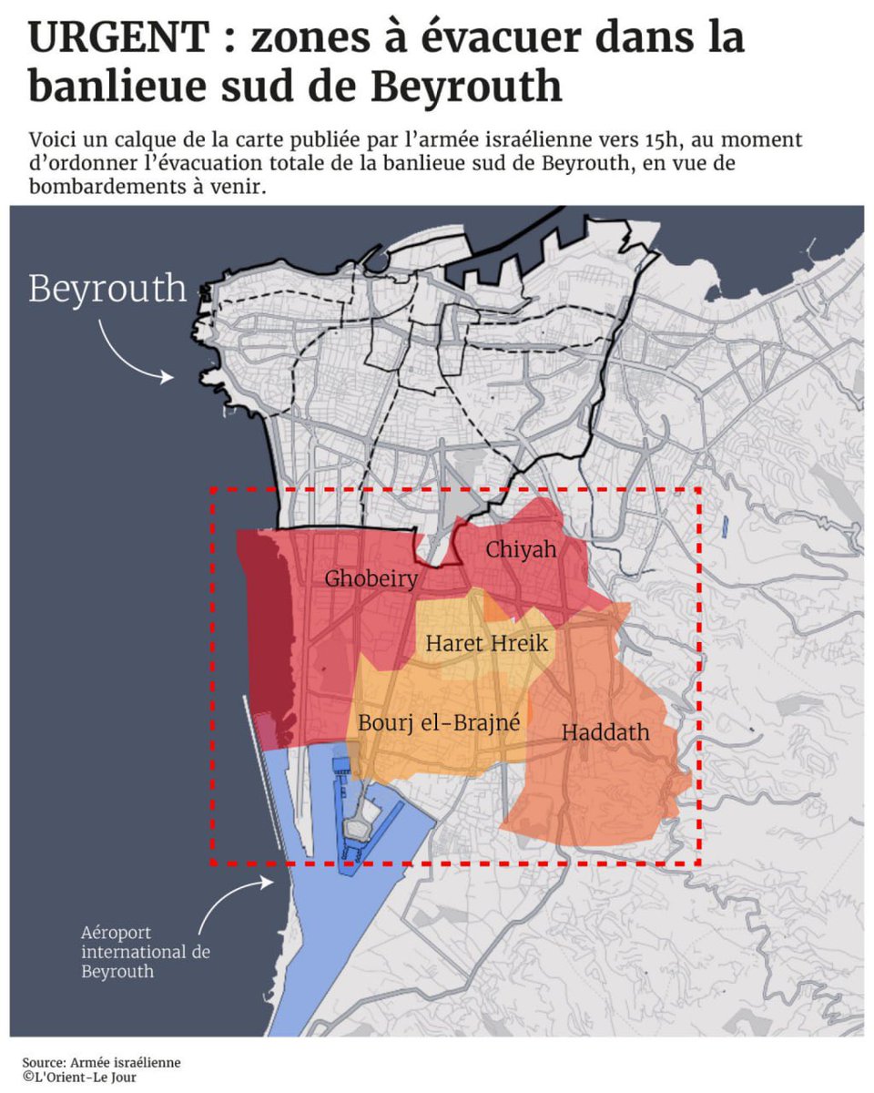🇱🇧 Netanyahu demande l’évacuation de la banlieue sud de Beyrouth au Liban. 

La zone visée = 700.000 habitants !!!

Le suprémacisme de Netanyahu n’aura de limites que celles qui lui seront mises.

Soutien au peuple libanais !

🇫🇷 La France doit se tenir aux côtés du Liban !