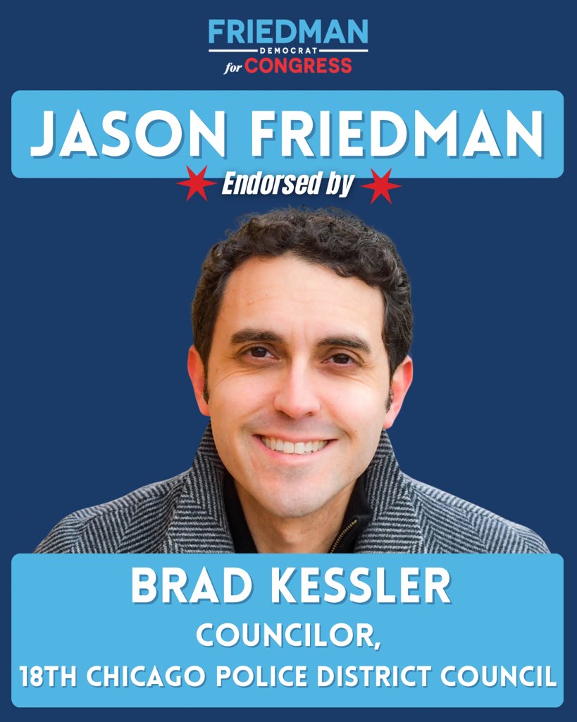 JasonFriedmanIL's tweet photo. Honored to earn the support of 18th District Police Councilor Brad Kessler! I look forward to our continued partnership as the next Congressman for Illinois’ 7th District! https://t.co/txNt51vyAe