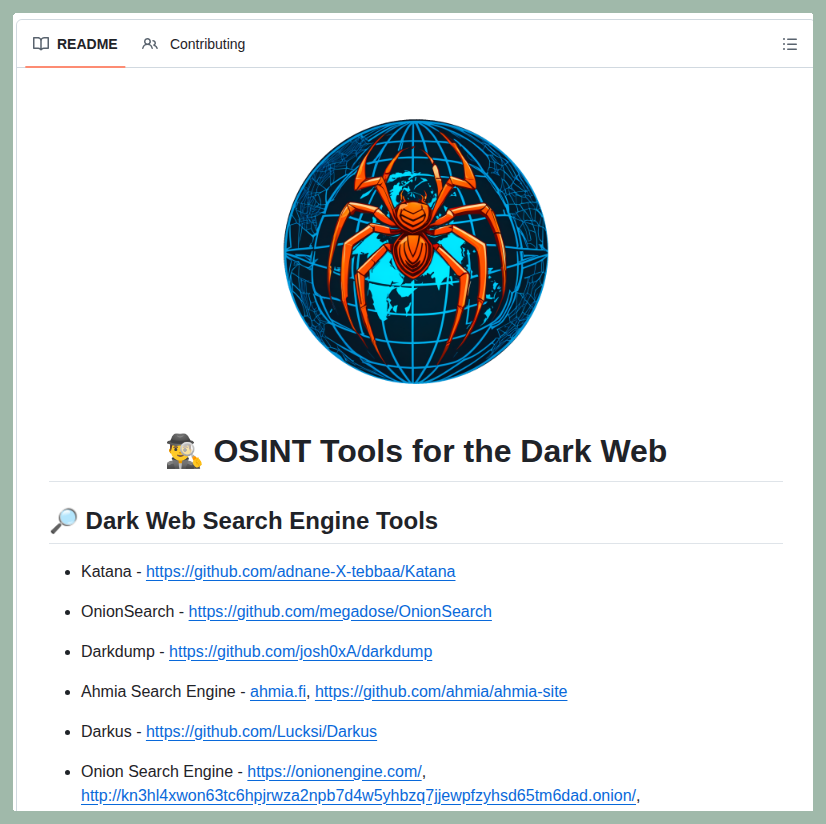 tom_doerr's tweet photo. Collection of tools for intelligence gathering on the dark web

https://t.co/Y8CbkjJm5N https://t.co/ULdrY8oJNP