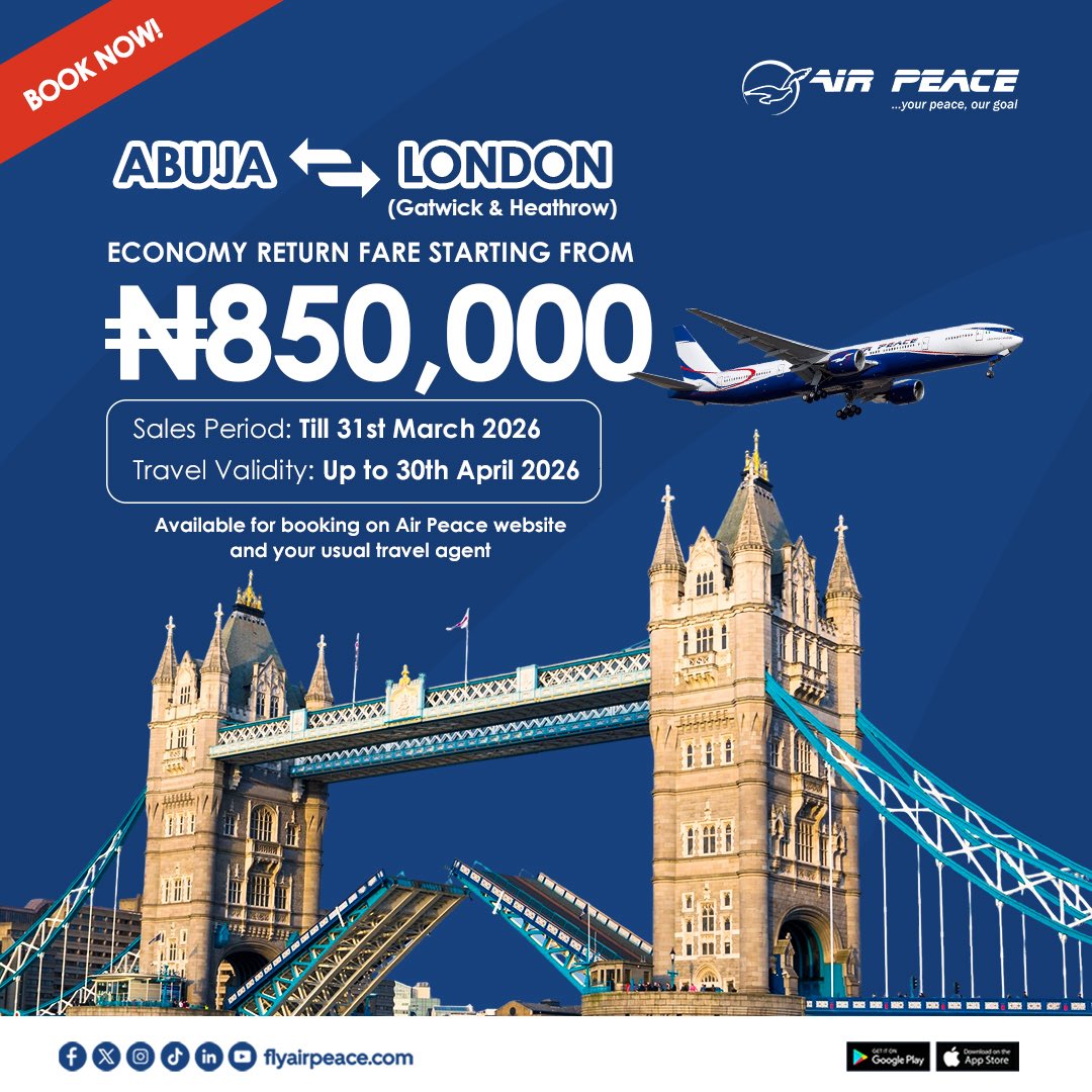 Abuja to London just got even more rewarding with our special Economy return fares starting from ₦850,000.

From the vibrant energy of Abuja to the timeless charm of London via Heathrow and Gatwick, this is your moment to lock in exceptional value and comfort with our service.