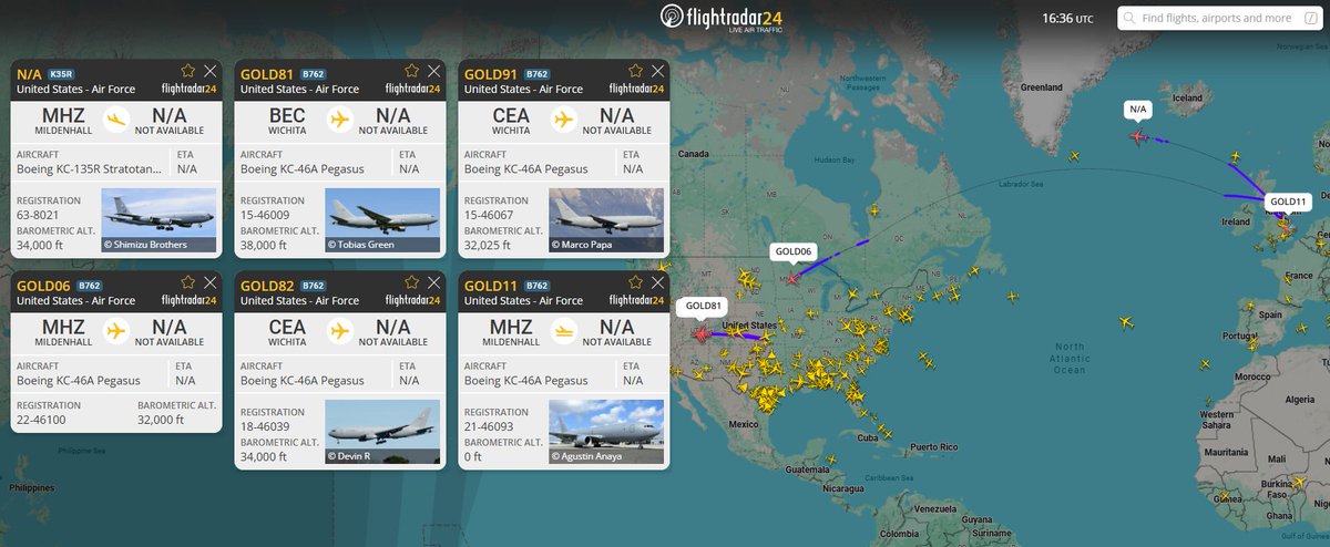 AUX_OSINT's tweet photo. March 5, 2026: Going For GOLD:
Repositioning flights today:
#AE63D0 โ 22-46100 โ GOLD06 (B762)
#AE63C9 โ 21-46093 โ GOLD11 (B762)
#AE0241 โ 63-8021 โ GOLD14 (K35R)
#AE574F โ 15-46009 โ GOLD81 (B762)
#AE5F92 โ 18-46039 โ GOLD82 (B762)
#AE5FAE โ 15-46067 โ GOLD91 (B762) https://t.co/5gKMbrrNUE