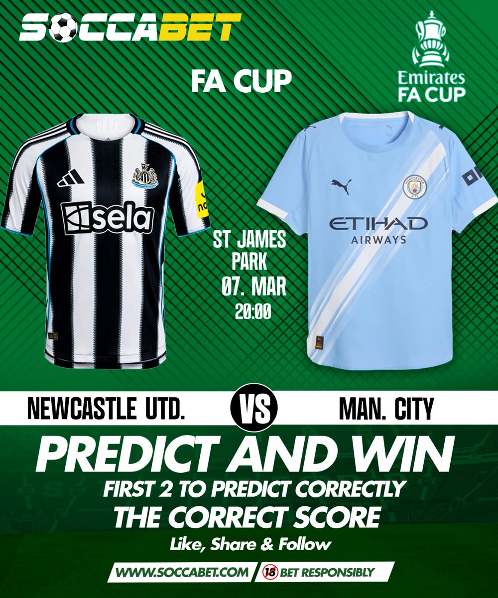 PREDICT &amp; WIN
Winners will be announced on Monday
Newcastle vs Man City
⏰ Match Time: 8:00PM
📌 Predictions ends at 8:00PM
👉 Make sure you Follow &amp; Repost the page to qualify!
Use: #BetWithSoccabet
All the best! ⚽💚.
TnC applies