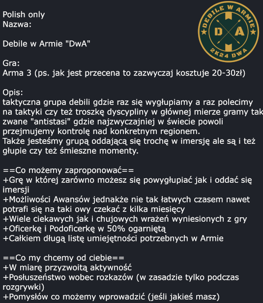 DavidPL102's tweet photo. Główny zarząd:
por. Weks
ppor. Lemum
sierż. MZet
plut. Alox
link discord: https://t.co/BeQBpJIykS https://t.co/72uHqKqAls