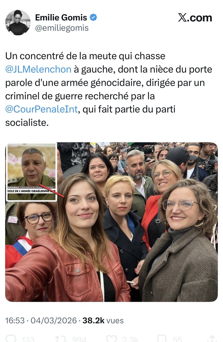 La haine en concentré de la meute #Melenchon. 
Toujours les mêmes cibles ,  en l’occurrence <a href="/EmmaRafowicz/">Emma Rafowicz</a>, députée européenne du <a href="/partisocialiste/">Parti socialiste</a>,  1ere fédérale de #Paris et qui n’a rien à voir bien sûr avec la politique meurtrière de #Netanyahu à #Gaza . 
Tweet pervers de