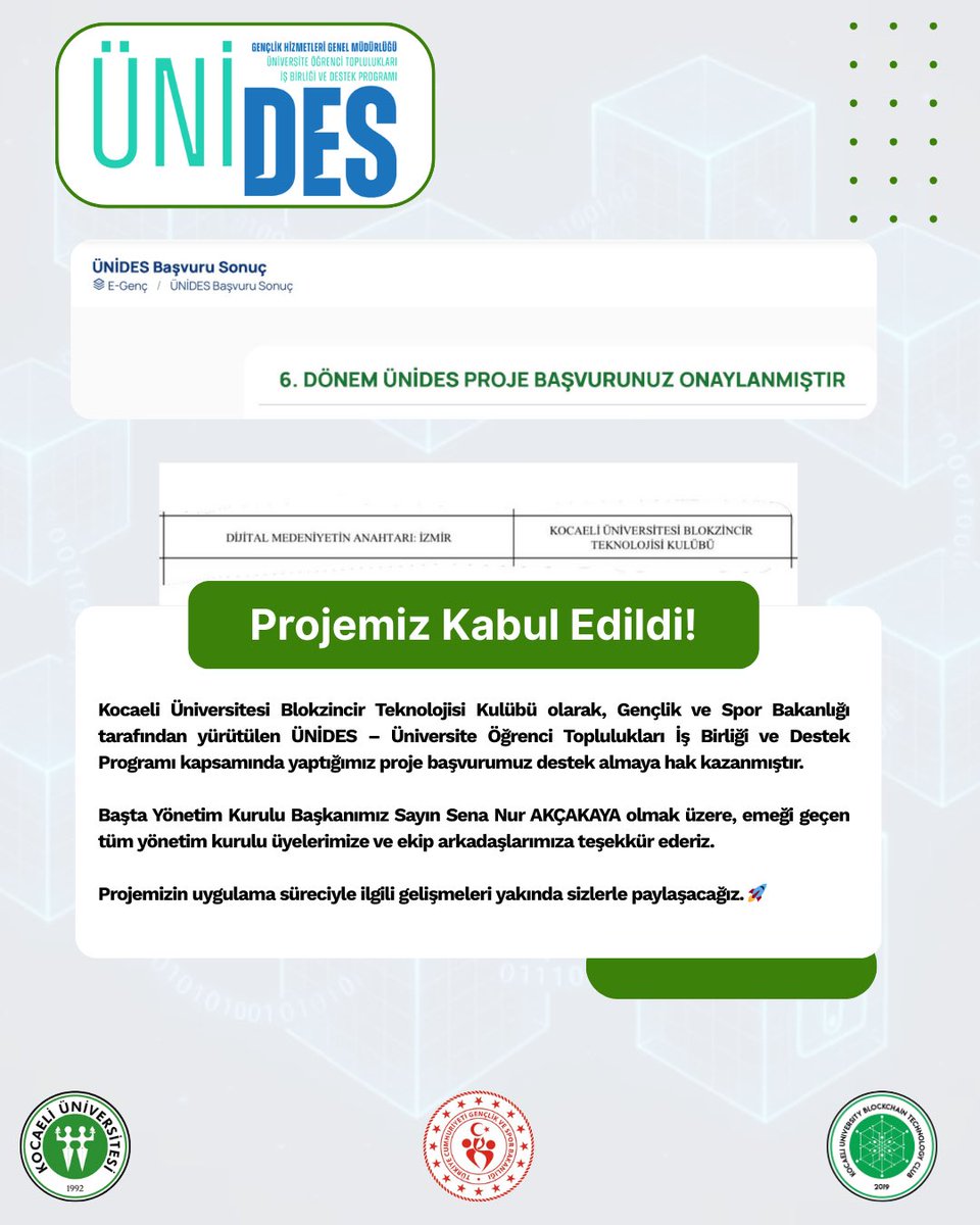 koublockchain's tweet photo. Blokzincir Teknolojisi Kulübü olarak, T.C. Gençlik ve Spor Bakanlığı ÜNİDES kapsamında yaptığımız proje başvurumuz destek almaya hak kazandı. Başta Yönetim Kurulu Başkanımız Sayın Sena Nur AKÇAKAYA olmak üzere emeği geçen tüm yönetim kurulu üyelerimize teşekkür ederiz. 🚀 https://t.co/2s7KlhJ6PF