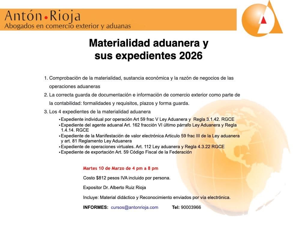 El próximo martes 10 de marzo por la tarde, estudiaremos a fondo la:

        “Materialidad aduanera y sus        
                expedientes 2026”

Informes en antonrioja.com/materialidad-a…

Precio y Registro $812 IVA incluido por persona
antonrioja.com/registro-curso…