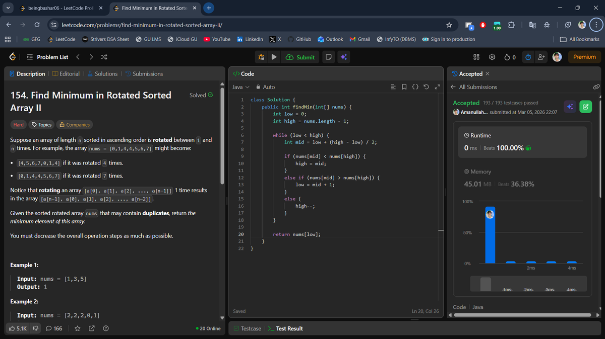 beingbashar06's tweet photo. #Day78 of #100DaysOfCodeChallenge

Binary search with tricky duplicates today.

• Find Minimum in Rotated Sorted Array II (Hard)

Handling duplicates makes the logic slightly tricky.

Day 78 done ✅

#100DaysOfCode #LeetCode #DSA #BinarySearch #Java #ProblemSolving https://t.co/jI8JCSSiyF