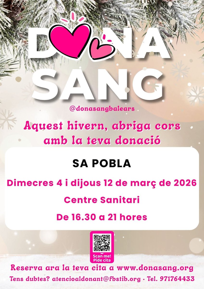 donantssapobla's tweet photo. 🩸 DONACIONS DE SANG A SA POBLA

🧐 👉🏻 SENSE NECESSITAT DE CITA PRÈVIA‼️

Però també en podeu demanar a:

🌍 https://t.co/7naKOiBS4y

📧 citaprevia@fbstib.org

📱971764433

-------------------------

‼️Si teniu una cita concertada i no podeu venir, avisau per anul·lar-la. https://t.co/AyEzjNWdL4