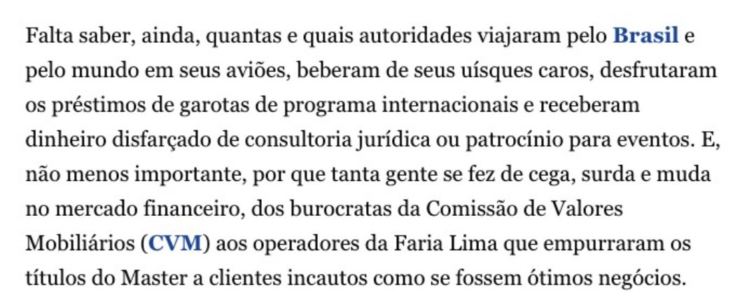 Ótimo questionamento da jornalista @MaluGaspar sobre o caso Master.

Ela tem feito uma cobertura exemplar sobre o escândalo, expondo o que tantas figuras públicas querem esconder e contam com o silêncio e a passividade da maior parte da elite empresarial e financeira do país.